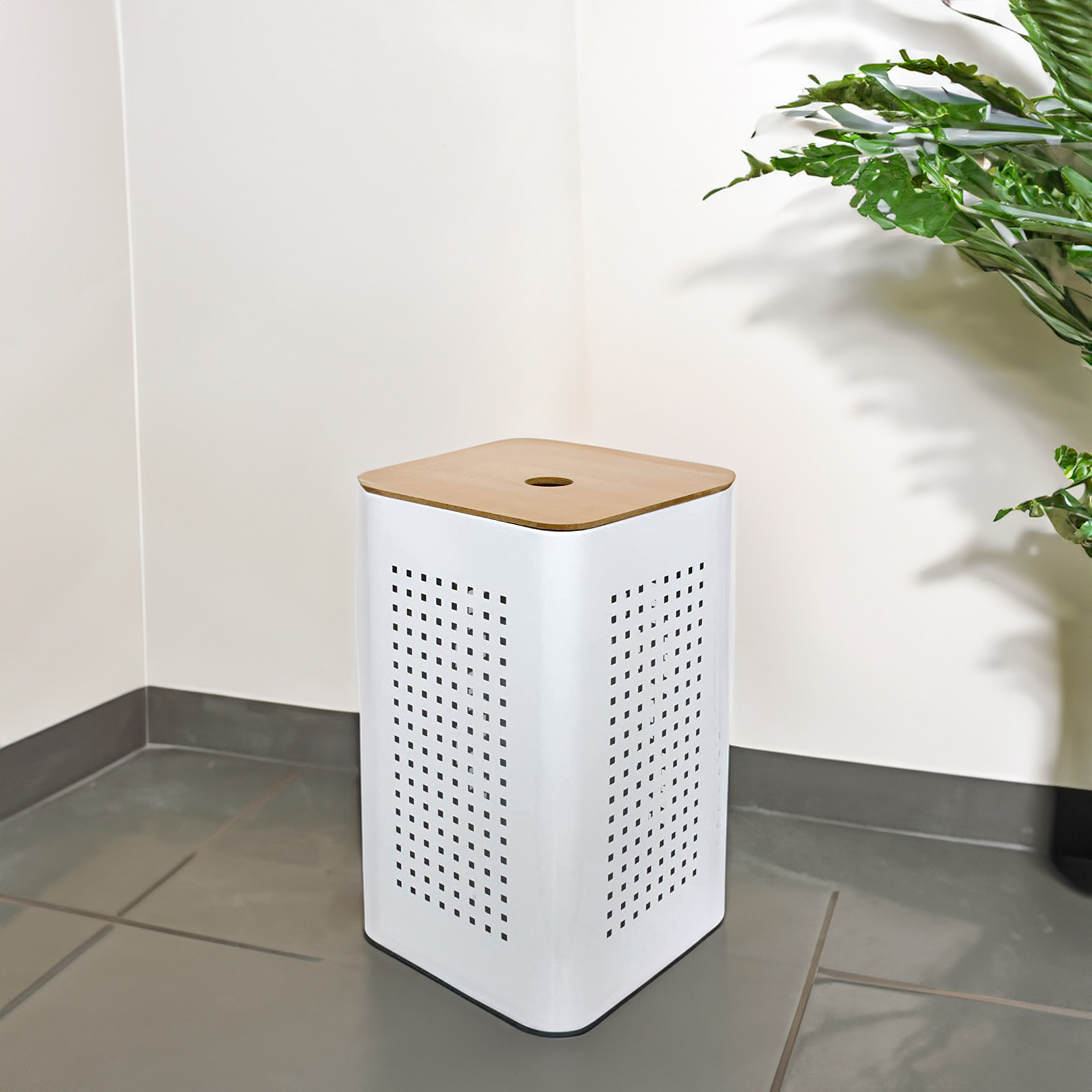 Panier à linge en métal blanc avec couvercle bois - Blanc