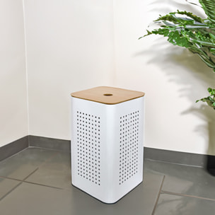 Panier à linge en métal blanc avec couvercle bois - Blanc