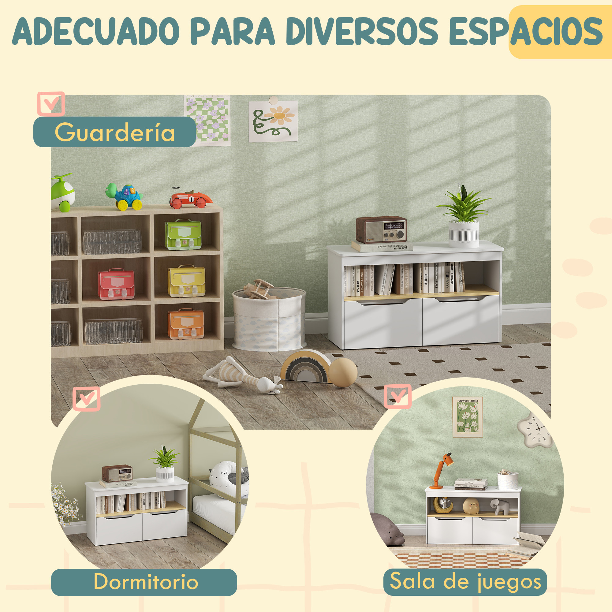 Estantería para Juguetes Infantil Librería Infantil con 2 Cajones y Compartimento para Salón Dormitorio Sala de Juegos 80x30x45 cm Blanco