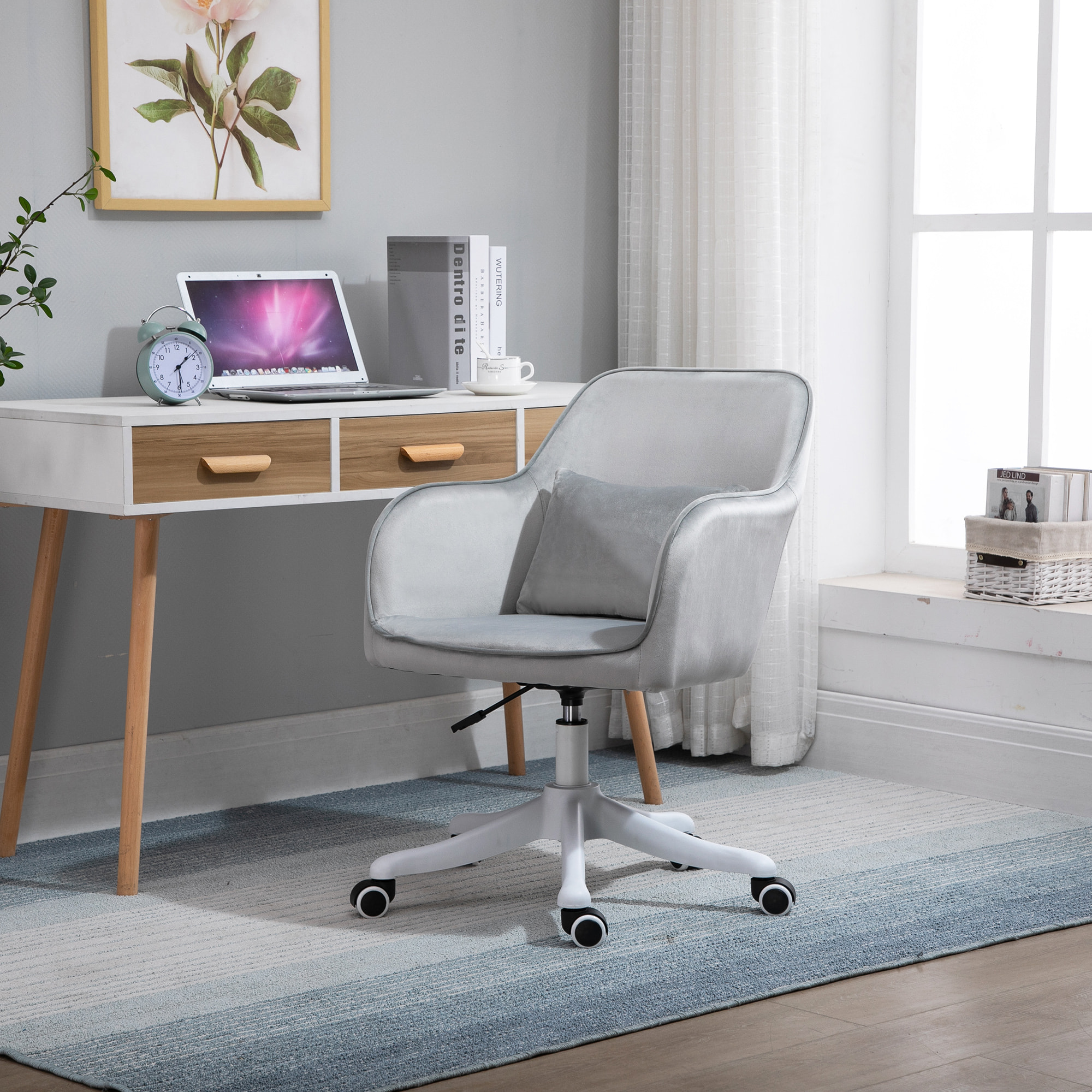 Chaise de bureau velours fauteuil bureau massant coussin lombaire intégré hauteur réglable pivotante 360° gris clair