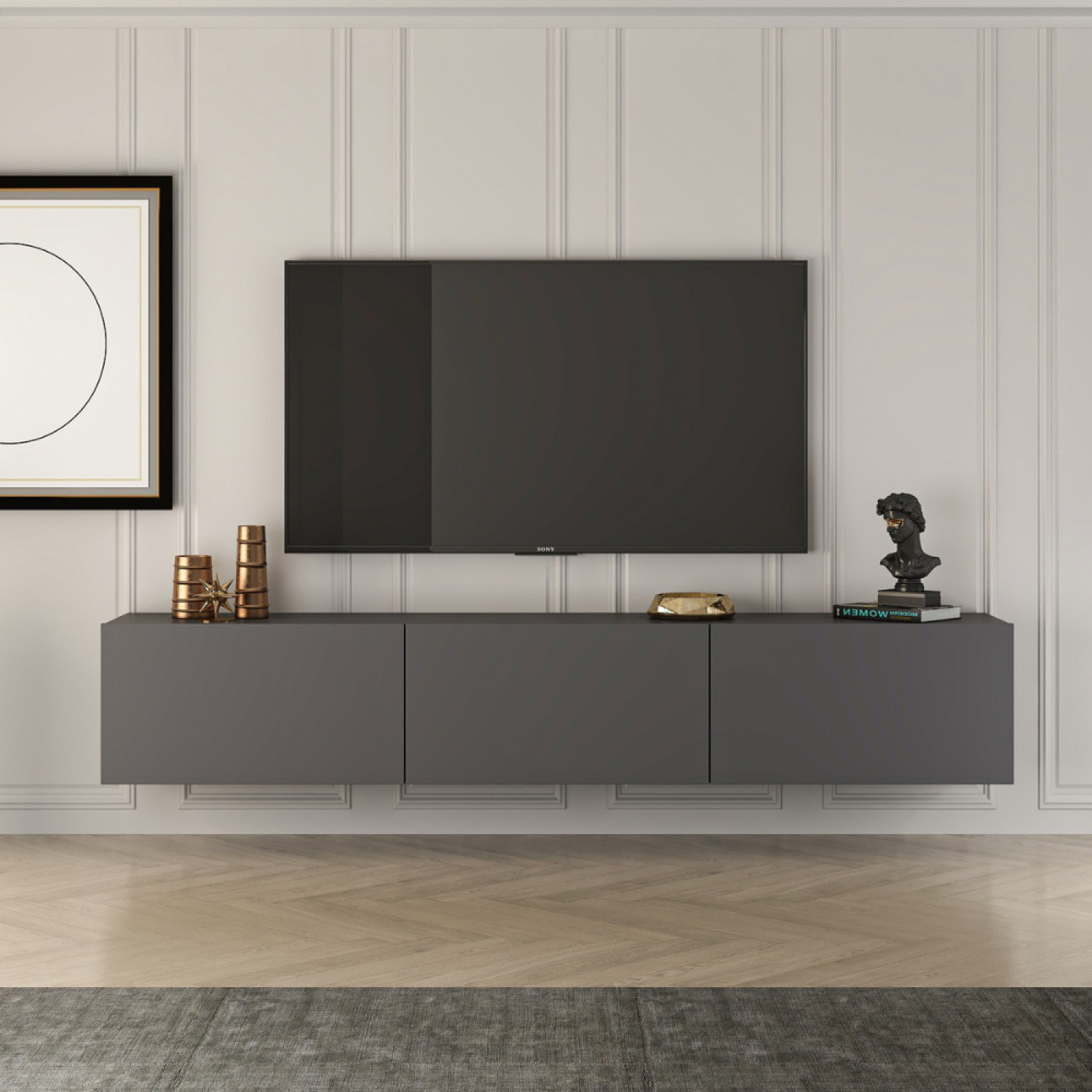 Meuble TV suspendu avec placards 150cm gris anthracite NEVADA