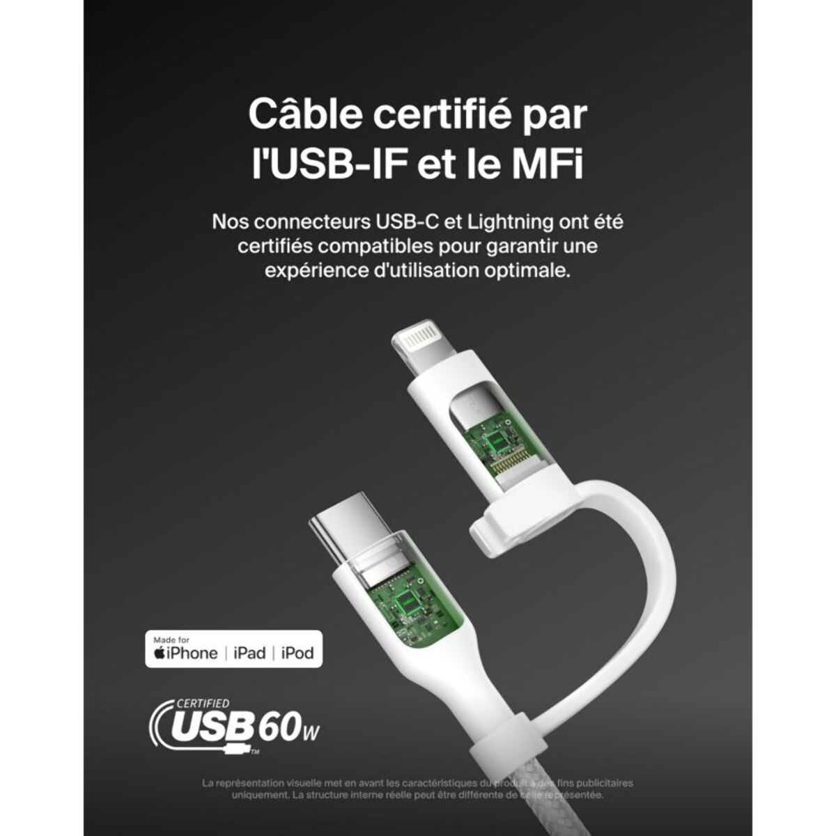Adaptateur USB BELKIN 2-en-1 USB-C et Lightning 1m50 blanc