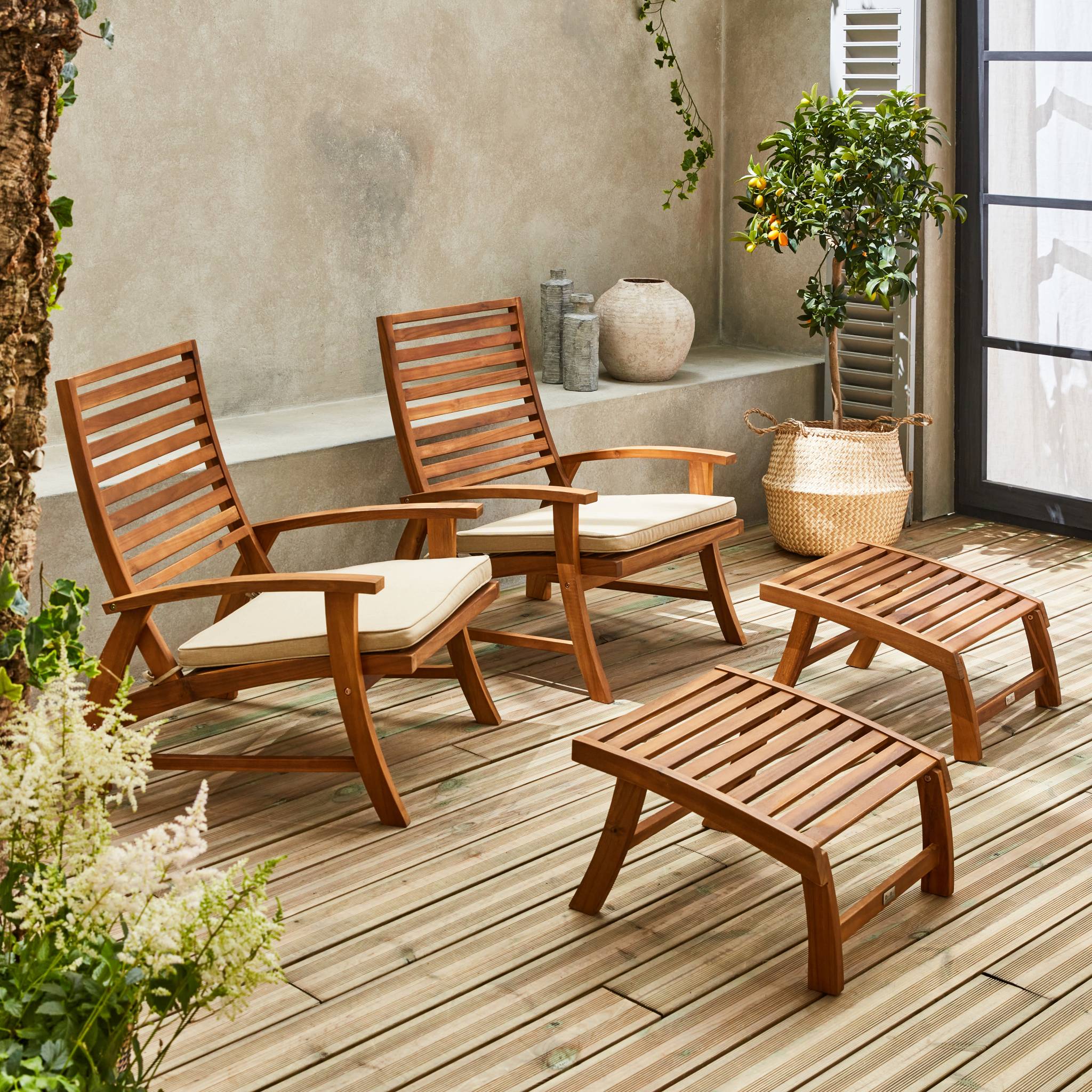 Lot de 2 chaises relaxantes. Puebla. 2 chaises. 2 reposes pieds. 75x59x71cm