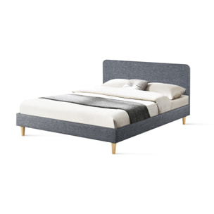 Lit Evy 160x200cm tissu gris pieds bois