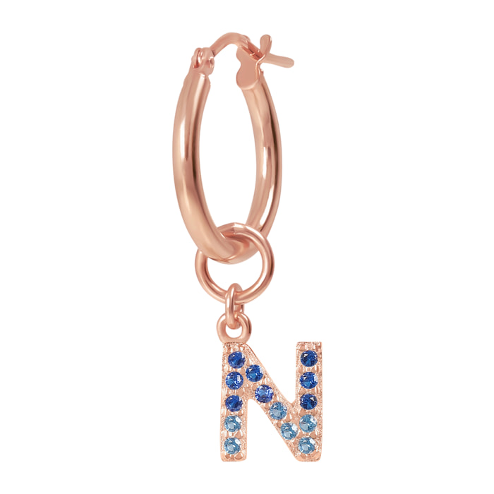 Orecchino a Cerchio con Ciondolo Lettera N in Pavé di Cubic Zirconia Blu