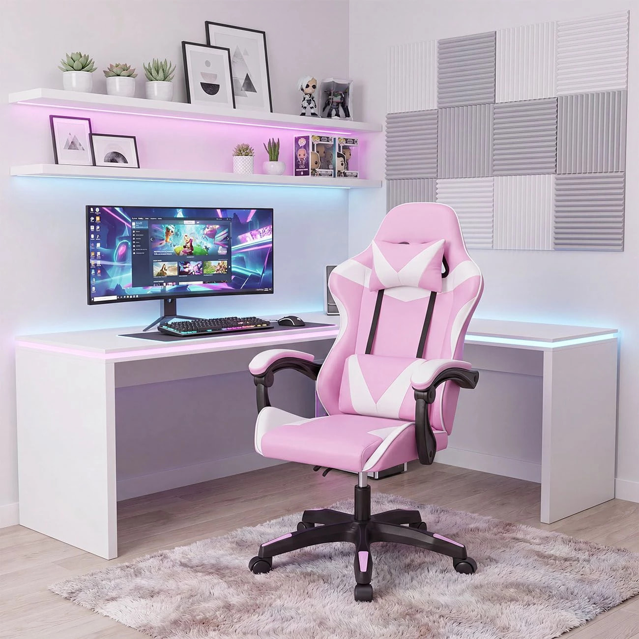 Silla gaming reclinable y con altura ajustable en rosa y blanco 117-128 cm Viper Rosa - Blanco