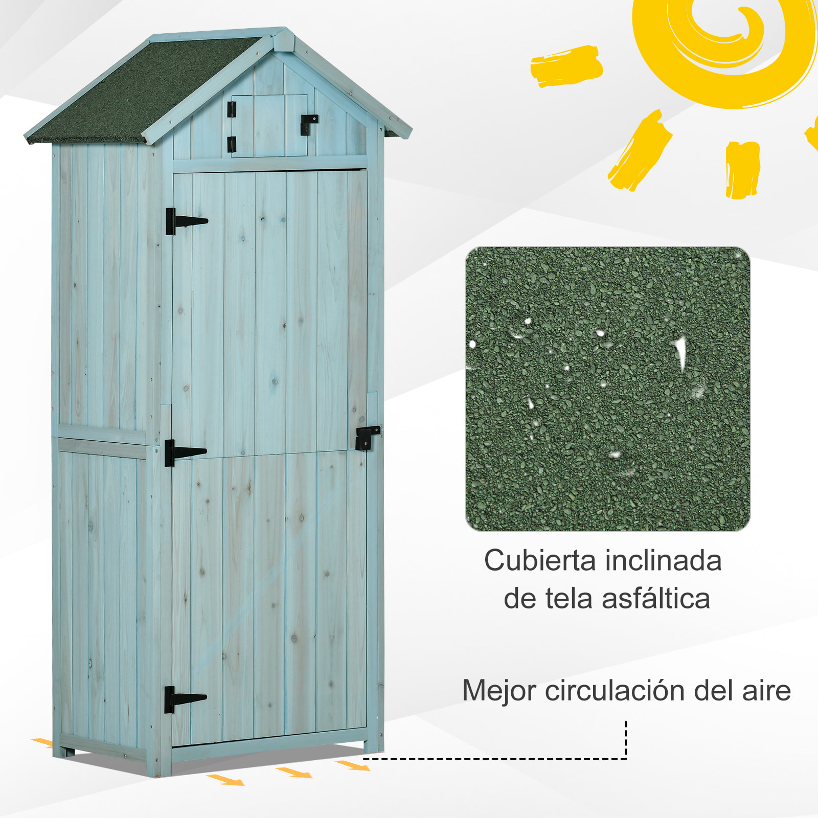 Armario de Jardín de Madera 77x54,2x179 cm 0,3 m² Cobertizo para Almacenaje de Herramientas con 3 Estantes y 2 Puertas con Cerrojo para Patio Terraza Azul y Verde