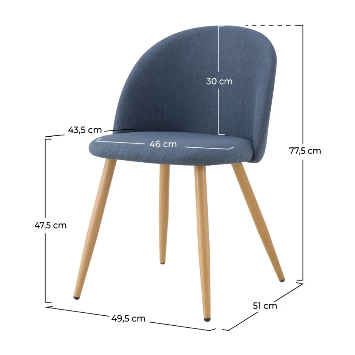 Lot de 2 chaises en tissu bleu et pieds en métal effet bois - Cozy