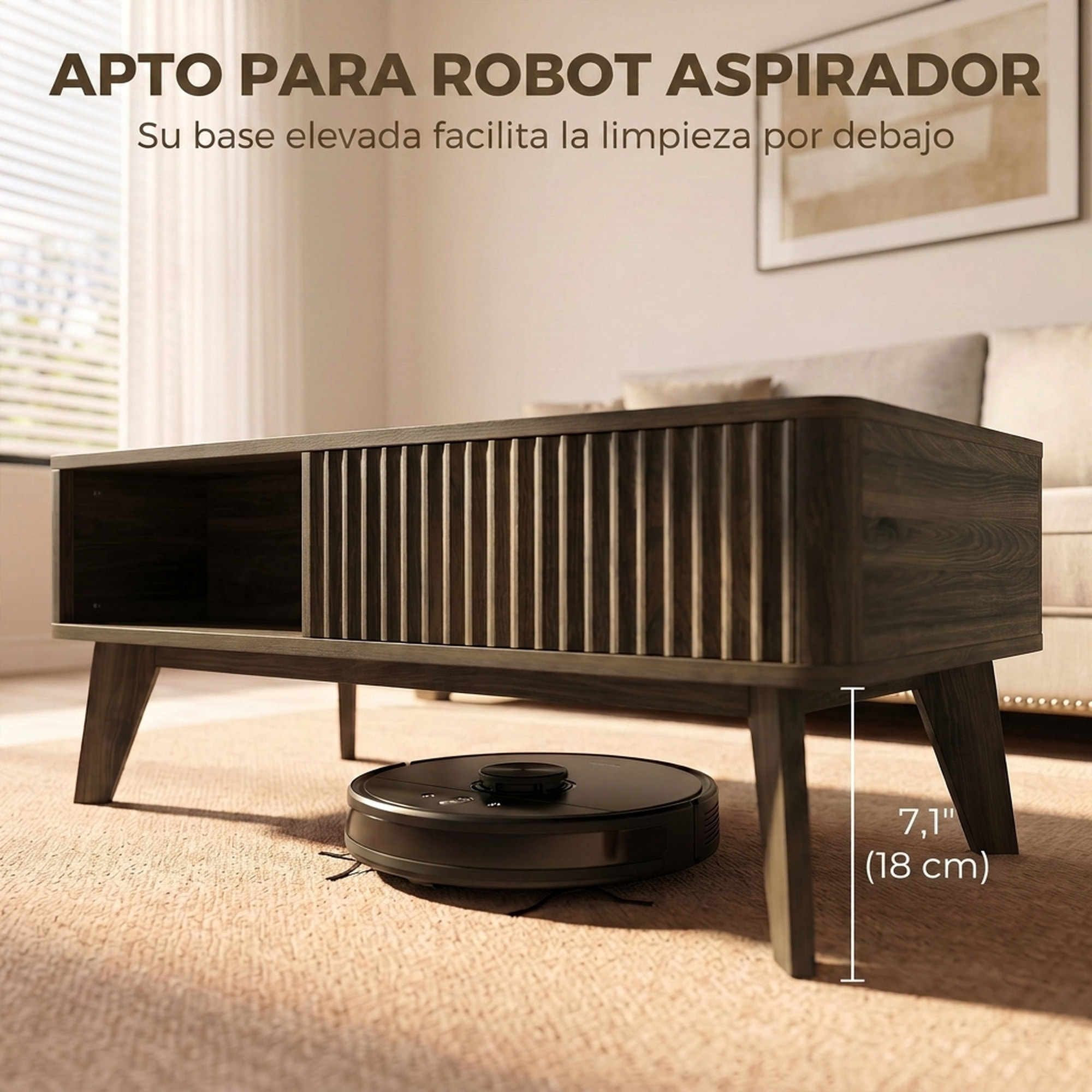 HOMCOM Mesa de Centro Elevable con Almacenaje, Mesa de Café para Salón con Compartimento Oculto, Estantes Abiertos, Frontal Ondulado y Esquinas Curvas, para Comedor, 100x48x41-56 cm, Nogal
