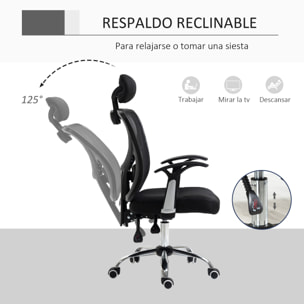 Vinsetto Silla de Oficina Ergonómica Silla Escritorio Giratoria con Altura Ajustable Función Reclinable Reposacabezas Regulable y Soporte Lumbar 65x67x108-118 cm Negro