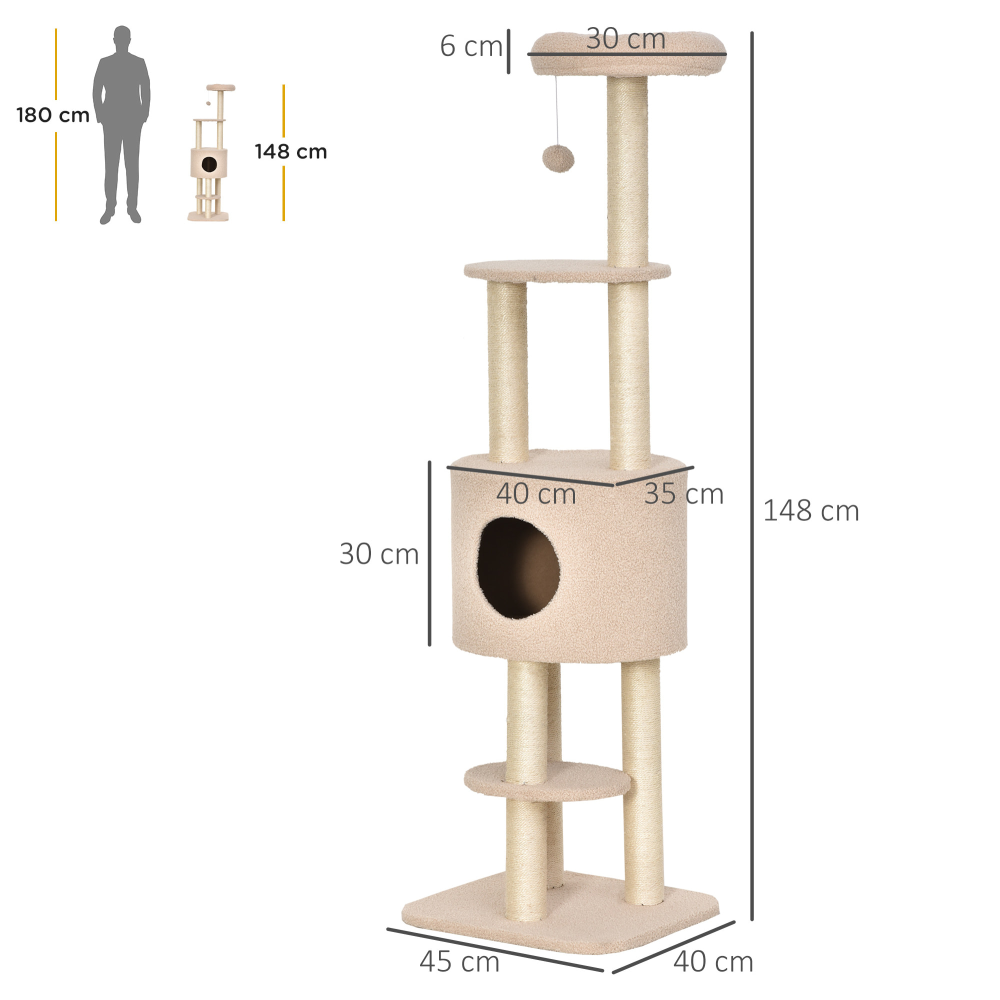 Árbol Rascador para Gatos Altura 148 cm Árbol para Gatos Torre para Gatos con Postes de Sisal 3 Plataformas Casita y Bola Colgante Beige