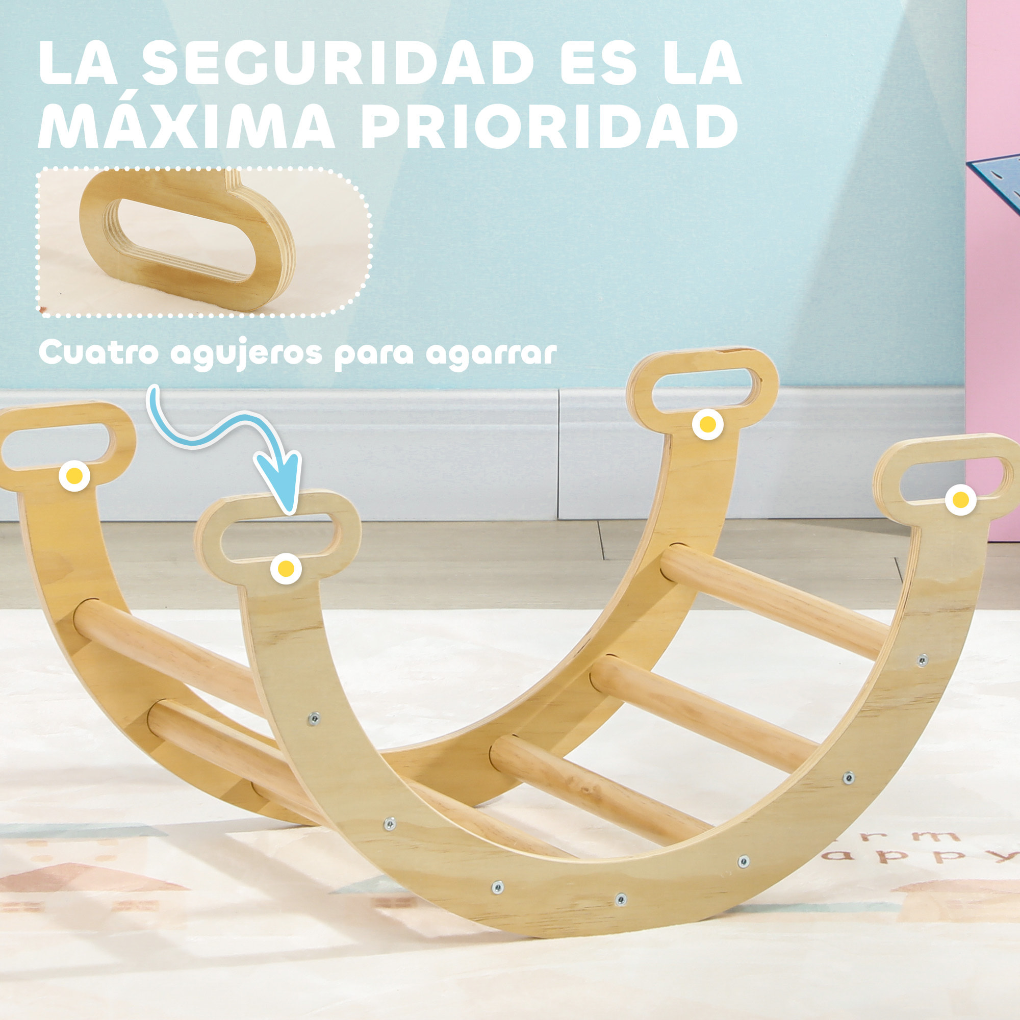 Escalada para Niños de Madera 2 en 1 Arco de Escalada para Niños de 18-48 Meses Balancín para Bebés Carga 50 kg 68x42x36 cm Natural