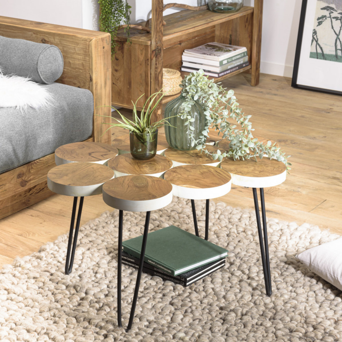 SUZY - Table basse plateau rondelles bois teck pieds épingles