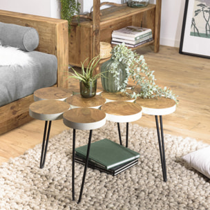 SUZY - Table basse plateau rondelles bois teck pieds épingles