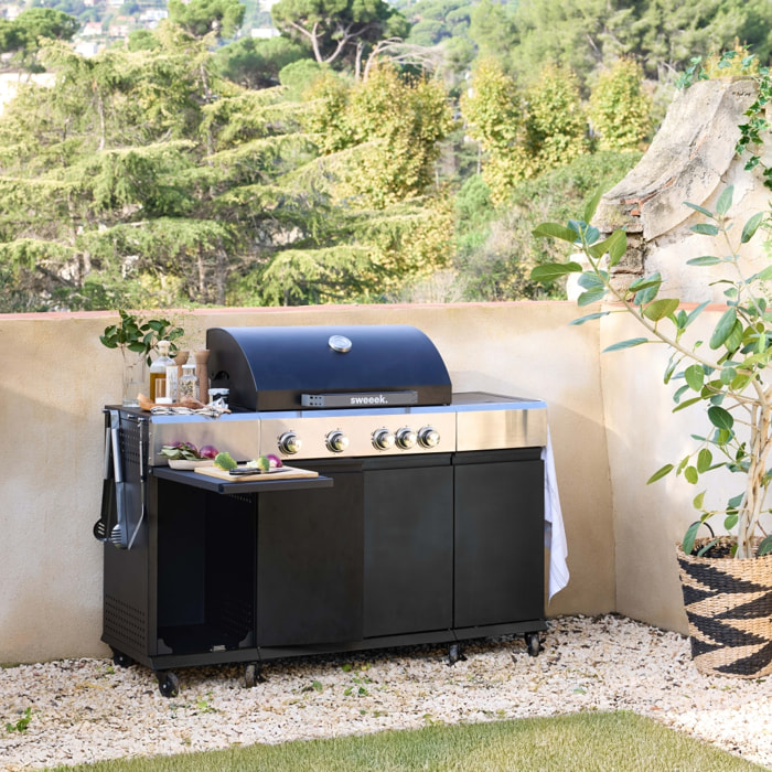 Barbecue gaz 4 brûleurs + 1 feu latéral, cuisine d'extérieure avec roues, tablettes et thermomètre MAXIM