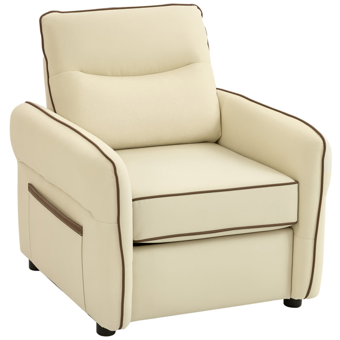 Butaca de Salón, Sillón Relax Moderno, 80x81x90 cm, Tapizada en Cuero Sintético, Acolchado Grueso, Asiento Ancho, Reposabrazos y Bolsillo Lateral, Montaje Rápido, Beige