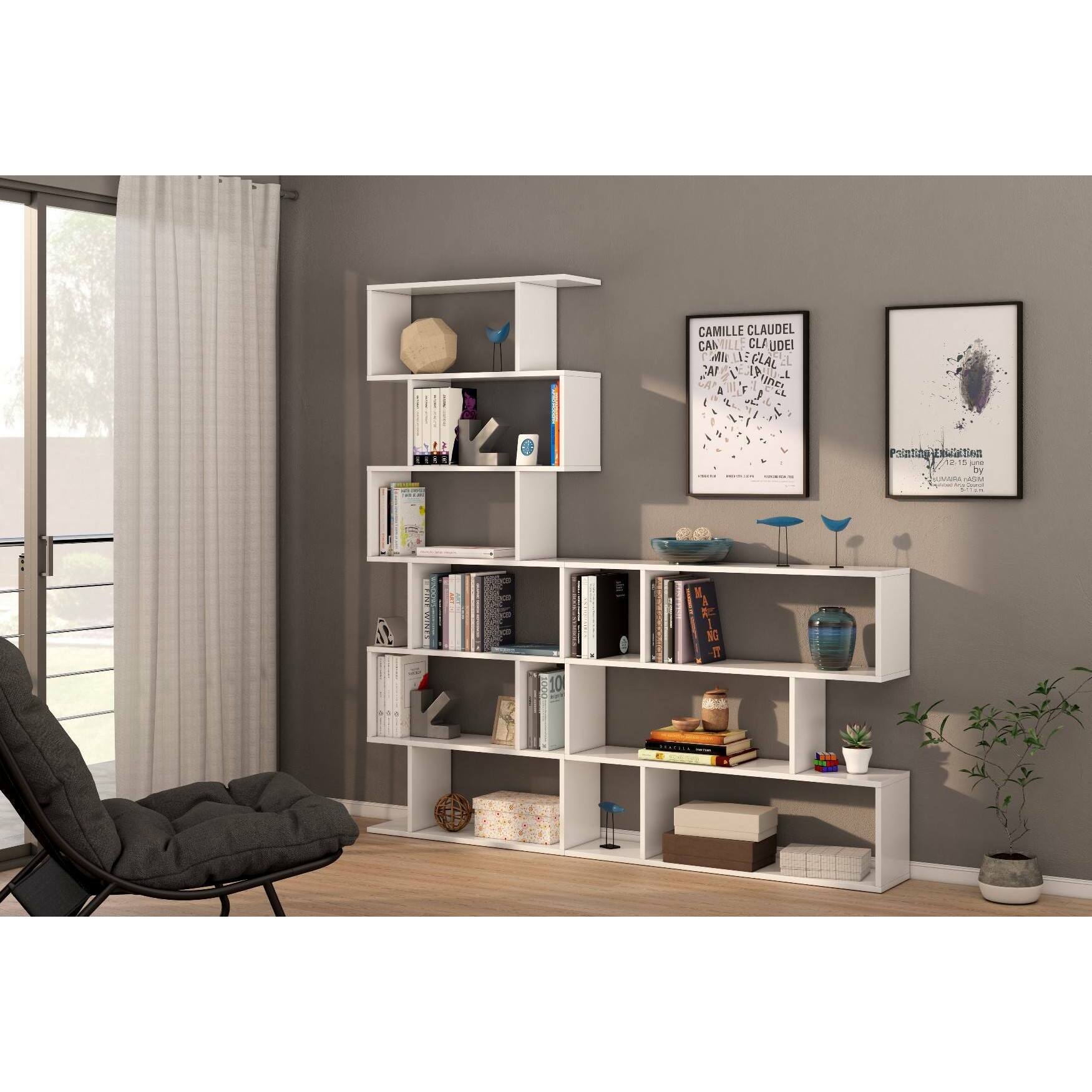 Libreria Hampton, Mobile portalibri bassa bifacciale, Scaffale con tre scomparti, Scaffale moderno da ufficio, cm 110x24h97, Bianco lucido