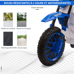 Moto cross électrique enfant 3 à 5 ans 12 V 3-8 Km/h  avec roulettes latérales amovibles dim. 106,5L x 51,5l x 68H cm bleu