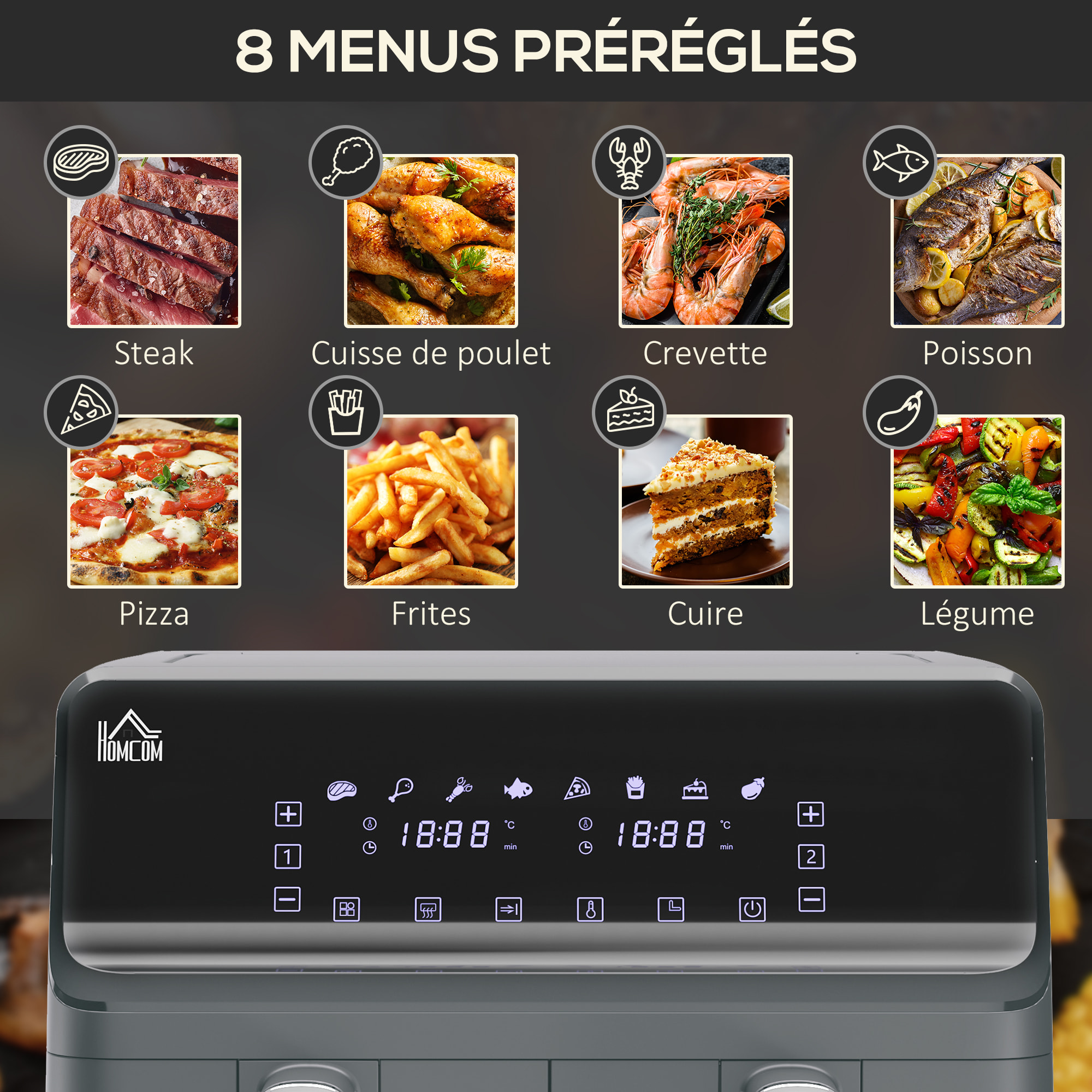 Friteuse à air 2 paniers 2500W 8L - air fryer multifonction 8 programmes - température réglable - timer 60 min. - noir