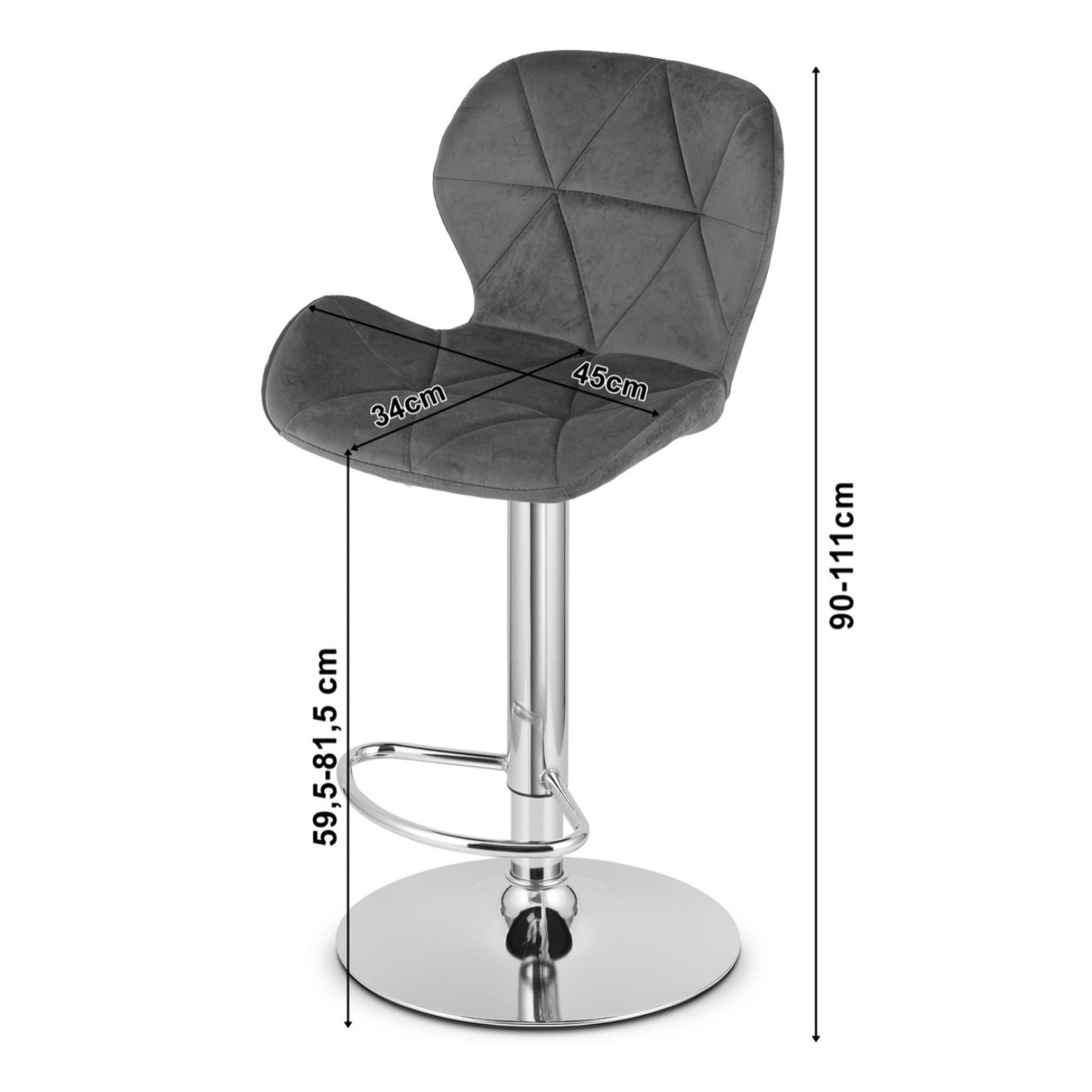 Sgabello alto West in velluto grigio con base cromata