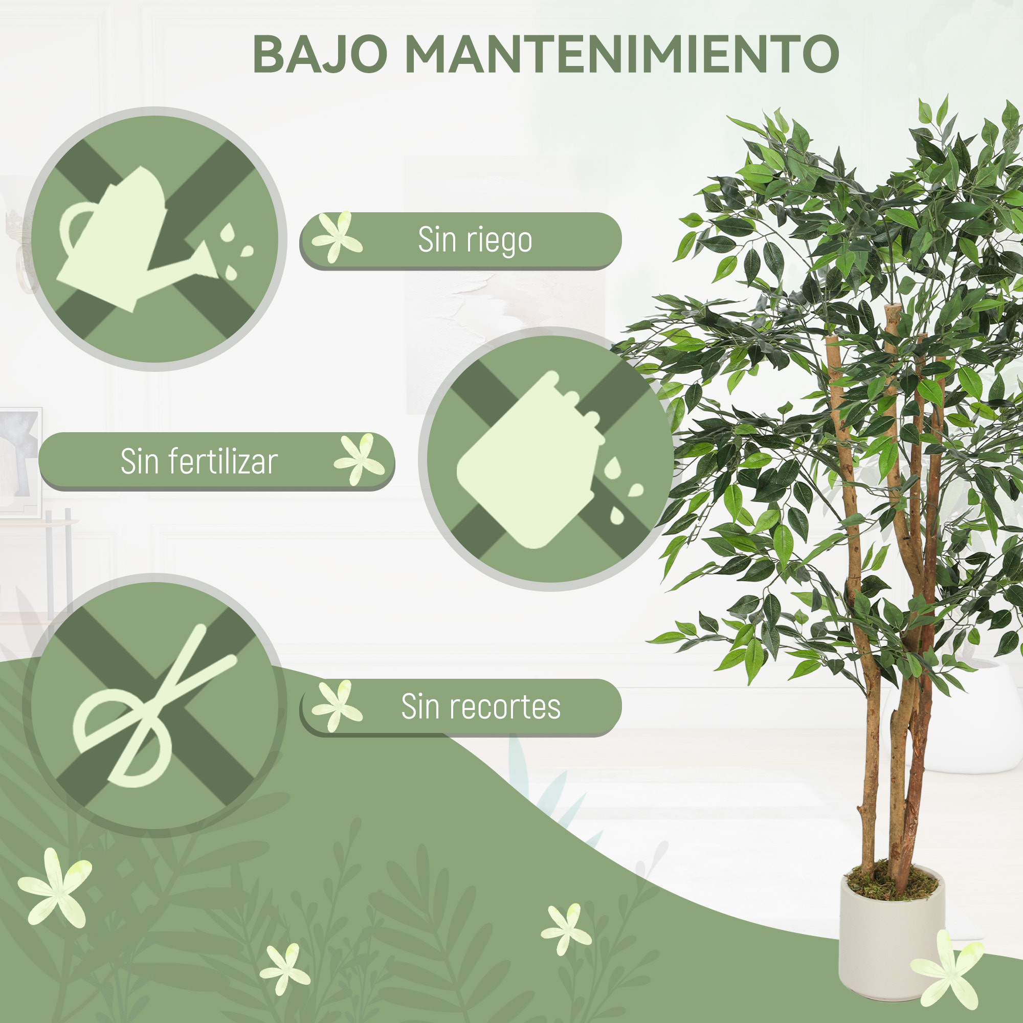 Ficus Artificial 150 cm, con Tronco Natural, Planta Artificial Realista para Interior con Maceta, Decoración para Hogar, Salón, Oficina, 65x65x150 cm, Verde