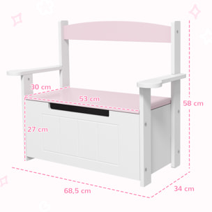 Baúl para Juguetes Infantil, Banco Almacenaje para Niños, con Respaldo y Tapa Amortiguadora, Carga 30 kg, para Salas de Juego, Dormitorio, 68,5x34x58 cm, Rosa y Blanco