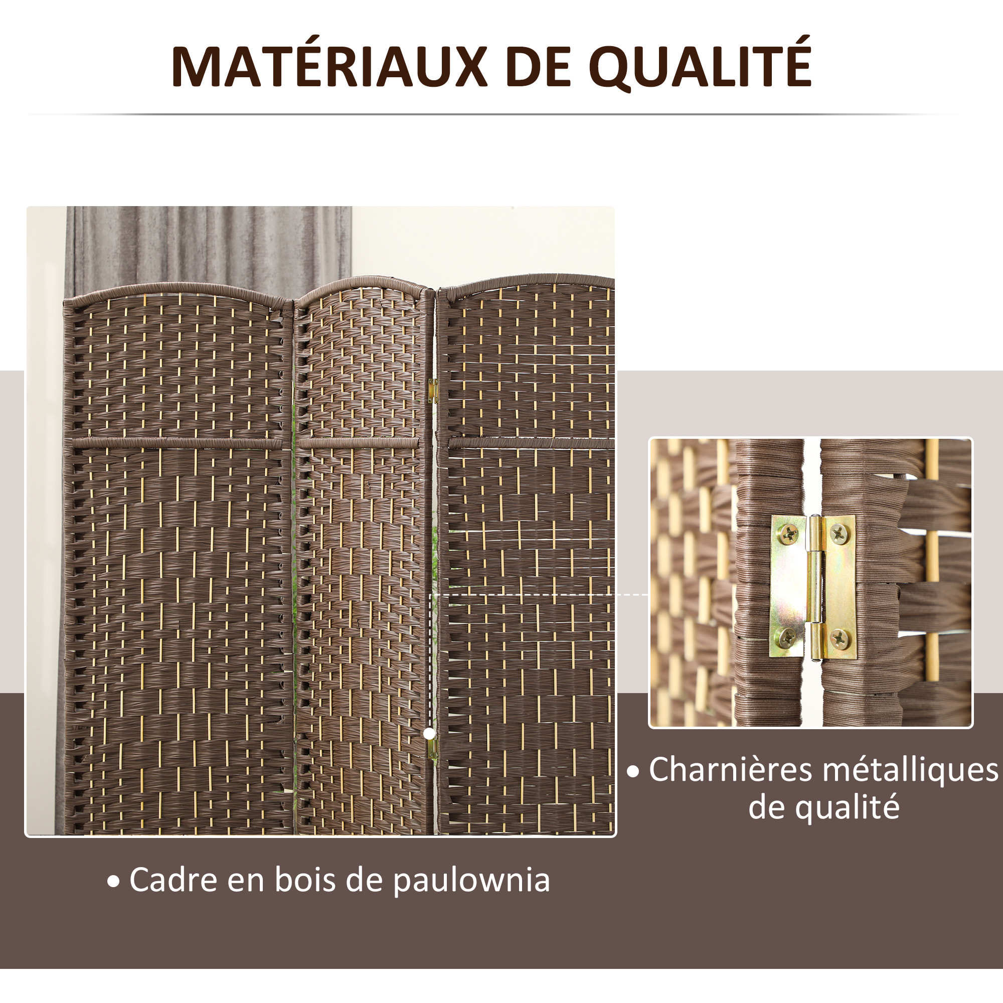 Paravent intérieur 3 panneaux pliables en bois séparateur de pièce style bohème tissé chocolat
