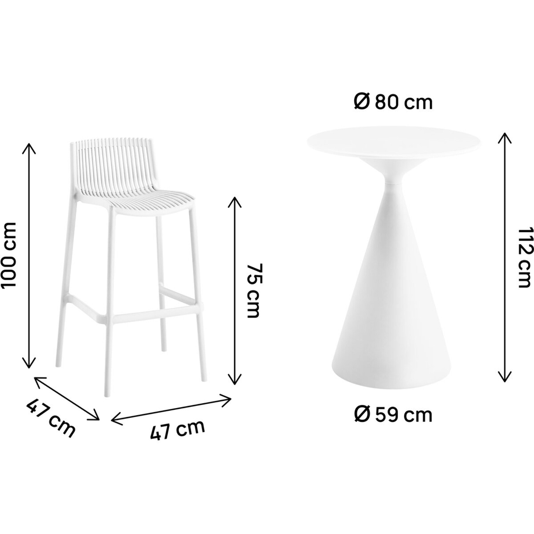 Table et chaises hautes de jardin bistrot empilables "Néora" - 2 places - Blanc