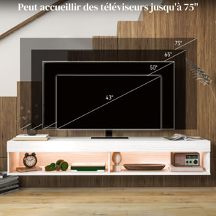 Meuble TV design LED suspendu mural - 75 pouces max. - 2 niches - dim. 180L x 40l x 30H cm - aspect bois blanc