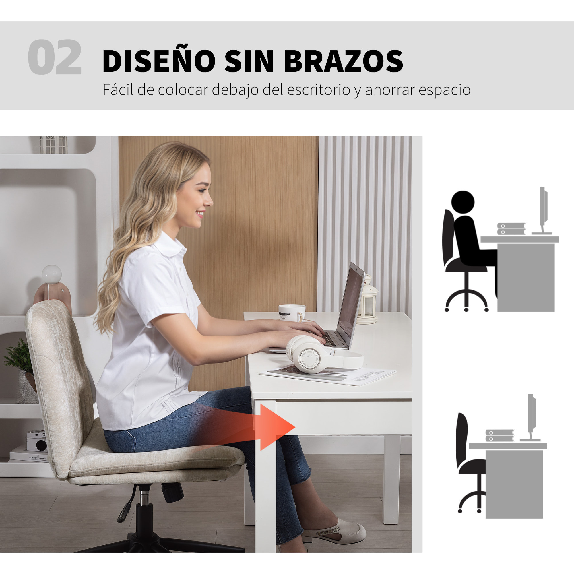 Silla de Oficina Piernas Cruzadas, Silla de Escritorio con Asiento Ancho, sin Reposabrazos, Ruedas, Altura Ajustable, Giratoria, Función Basculante, Tapizada en Chenilla, Beige