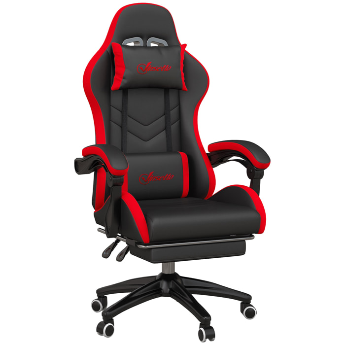 Silla Gaming Ergonómica Reclinable 135°, Silla Gamer Racing de Cuero PU con Soporte Lumbar, Altura Ajustable, Reposacabezas y Reposapiés Retráctil, para Oficina, Estudio, Negro y Rojo