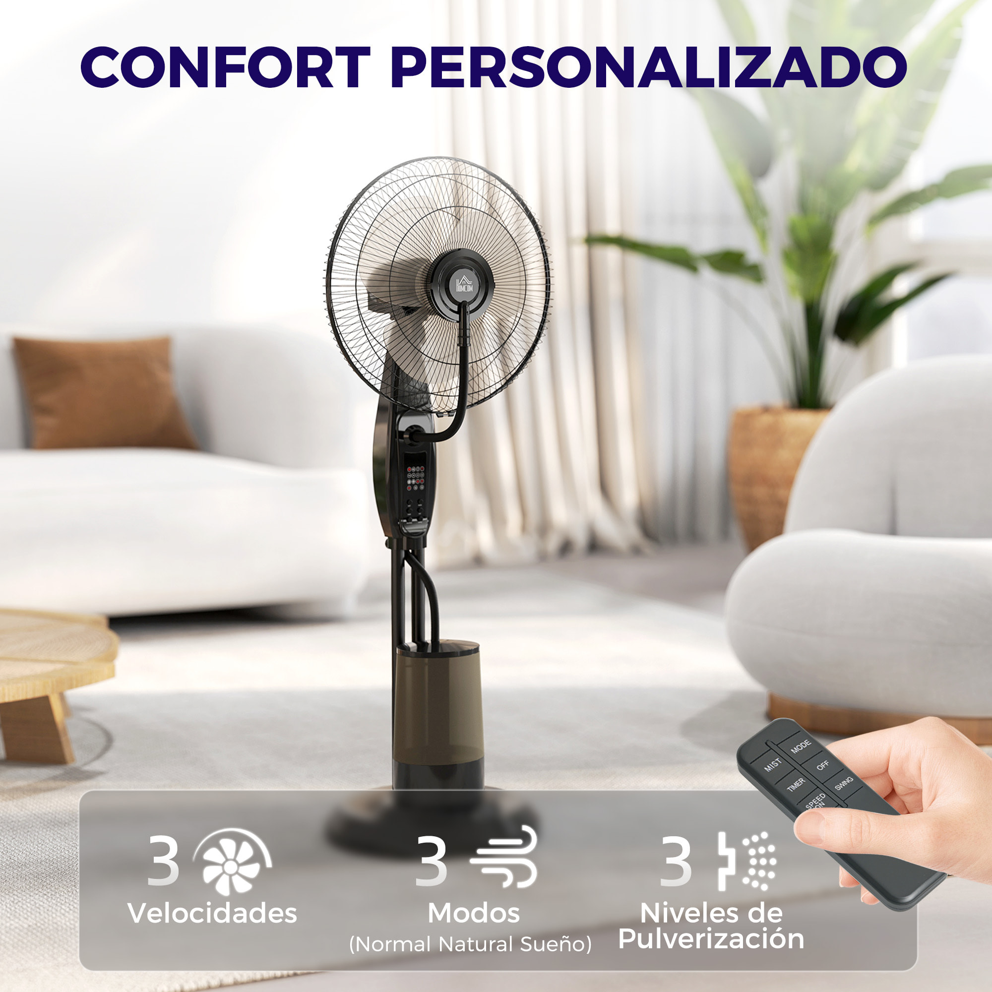Ventilador Nebulizador Ventilador de Pie con Agua Oscilante 75 W Temporizador Tanque 3,2L Mando a Distancia 3 Velocidades 3 Aspas y Pantalla LED Ø44,5 cm Negro