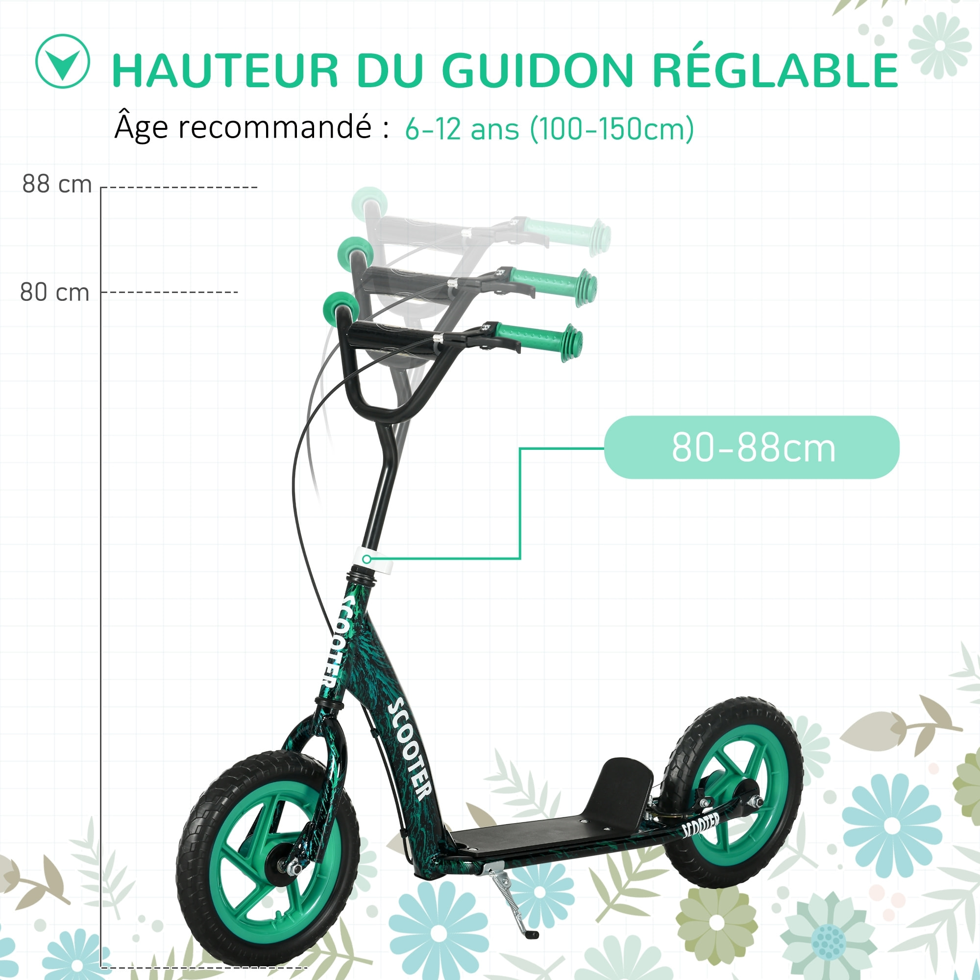 Trottinette patinette enfant à partir de 6 ans roues 30 cm guidon réglable poignée frein et béquille acier vert