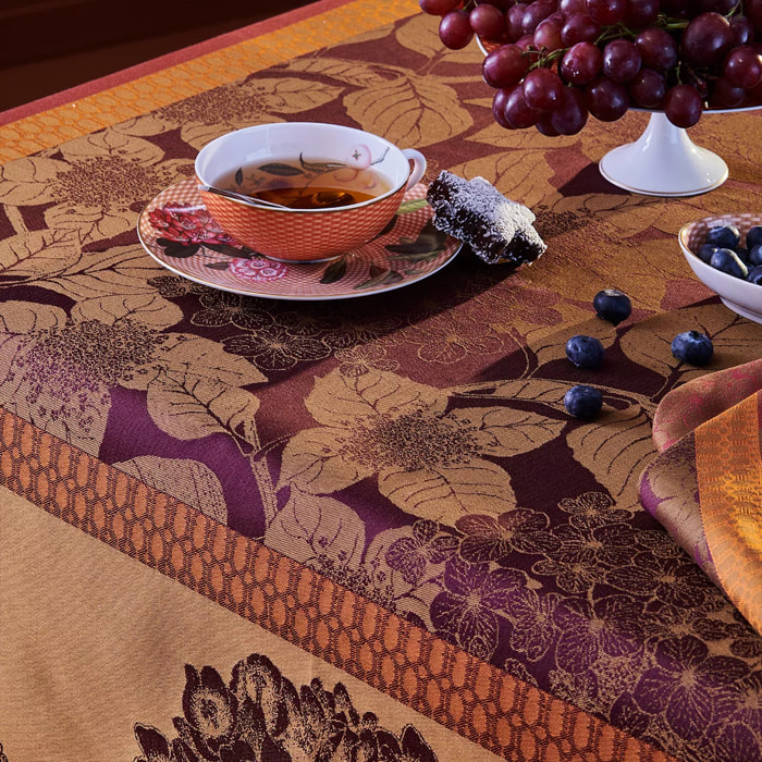 Nappe anti tache pur coton motif jacquard Hortensias rouille