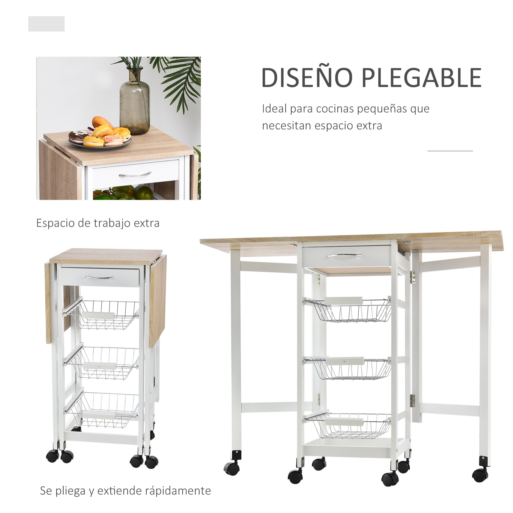 Carrito de Cocina Plegable Carrito Auxiliar con 6 Ruedas 1 Cajón y 3 Cesta de Metal Carro de Servicio Multifuncional para Almacenamiento Carga 50 kg 97,2x37x77,5 cm Blanco y Roble