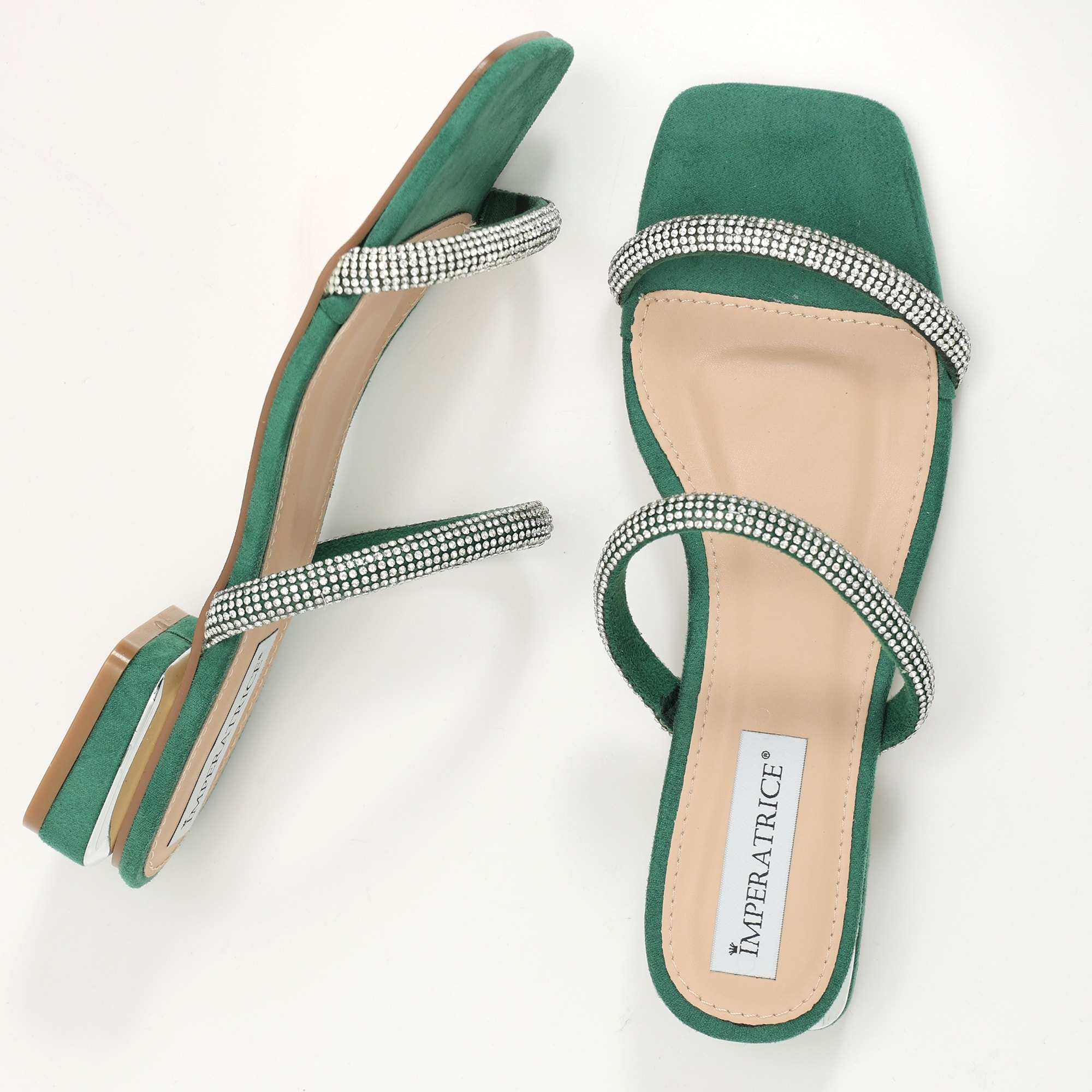 Sandali bassi in simil camoscio con fasce ricoperte di strass