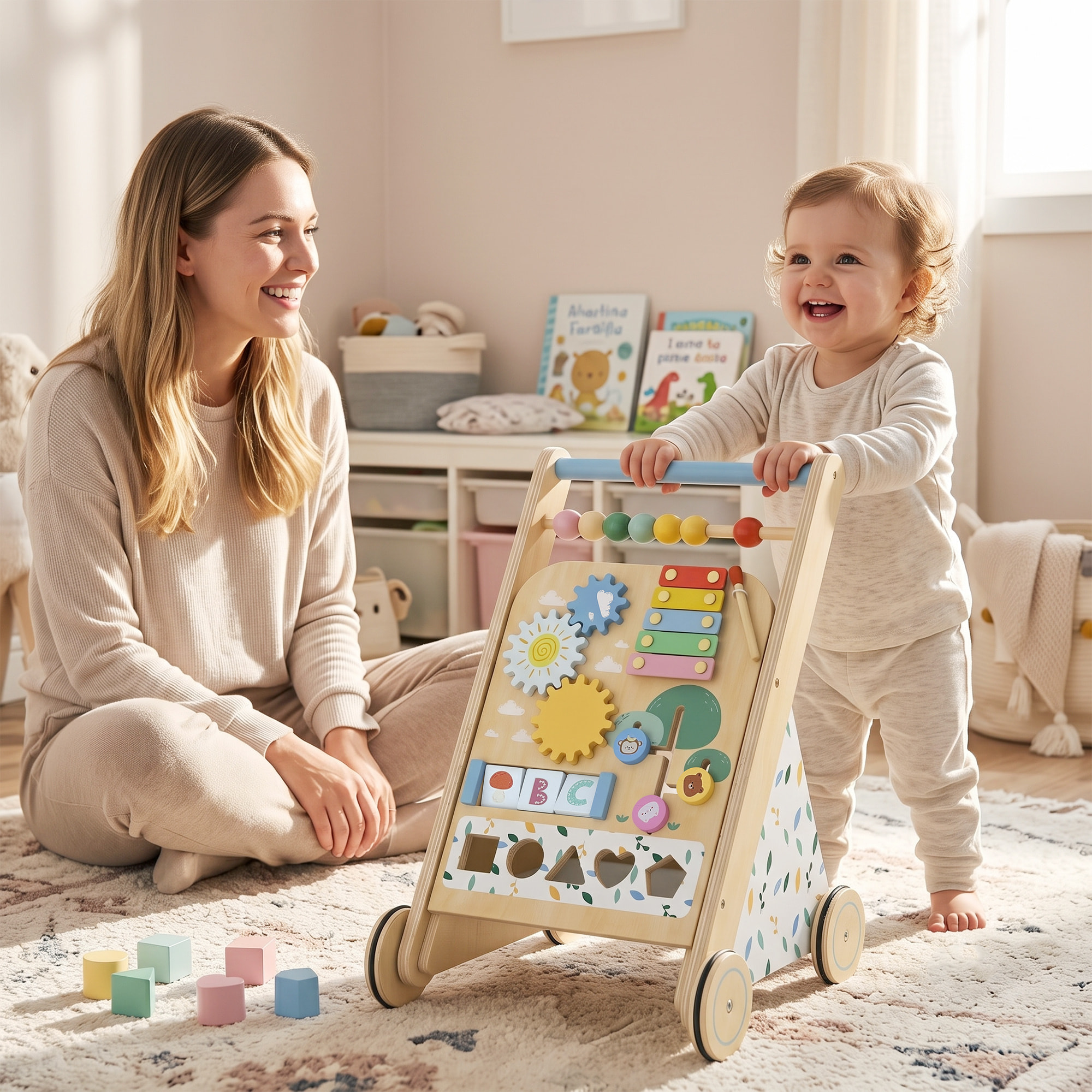 Andador Madera Bebé, Caminador Bebé con Juguetes Montessori, Centro de Actividades, Control de Velocidad, con 5 Bloques, Ruedas, Regalo para Niños de +18 Meses y Altura +75 cm Natural