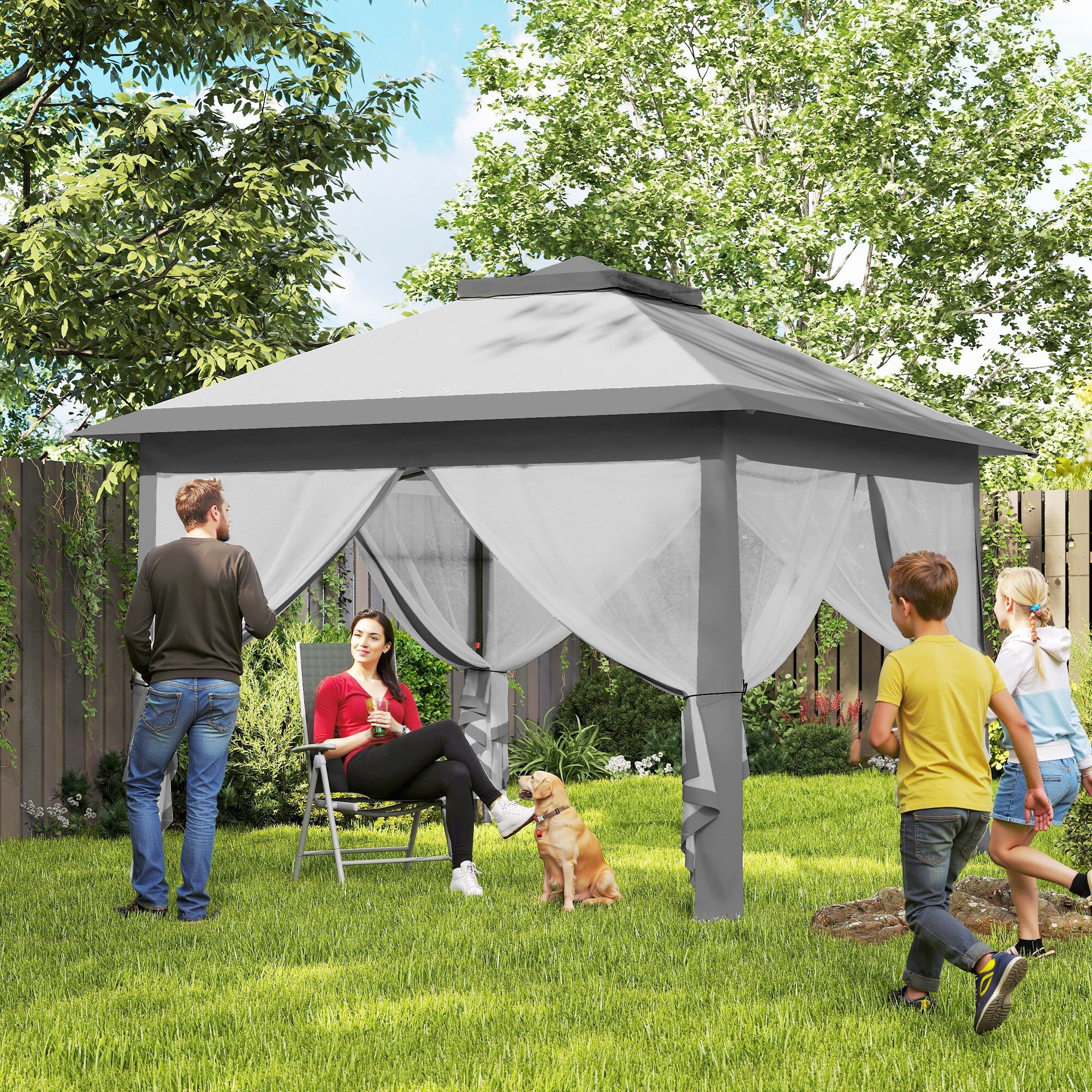 Carpa Plegable 3,3x3,3 m Pop-up, Cenador de Jardín con Altura Ajustable 3 Niveles, Doble Techo, 4 Mosquiteras Extraíbles y Bolsa Transporte, Impermeable, Anti-UV para Exterior, Gris