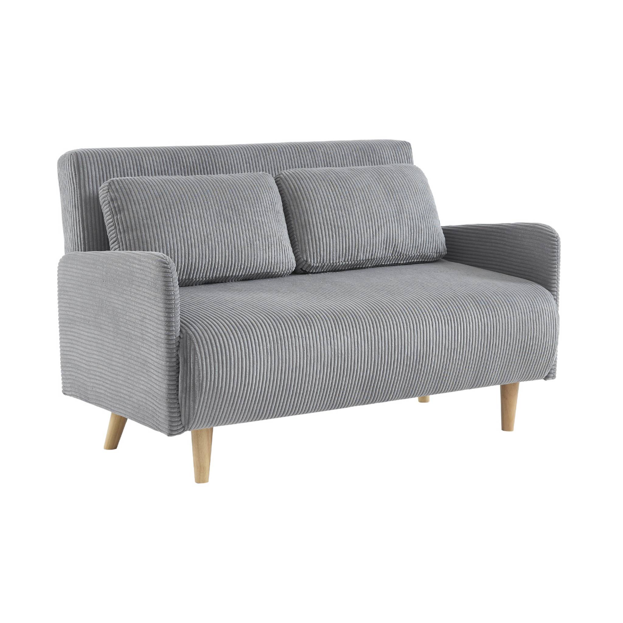Canapé convertible en velours côtelé - Panam - 2 places scandinave. pieds bois. gris clair. banquette. dossier inclinable