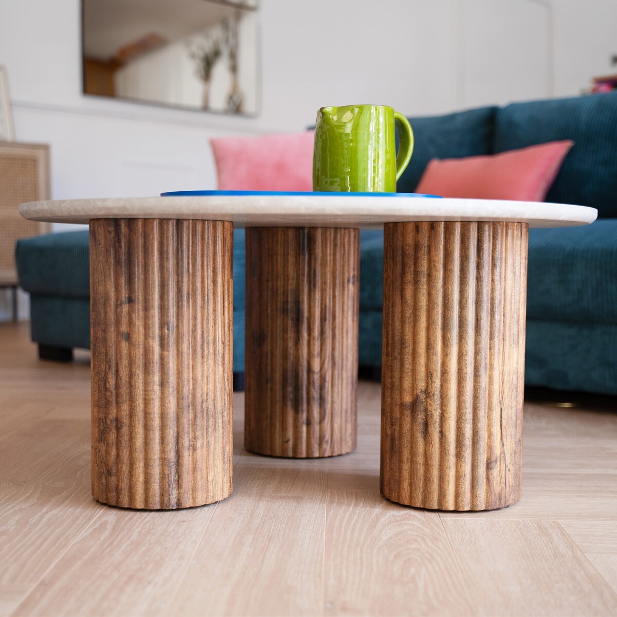 Table basse ronde effet marbre blanc et bois - STONE