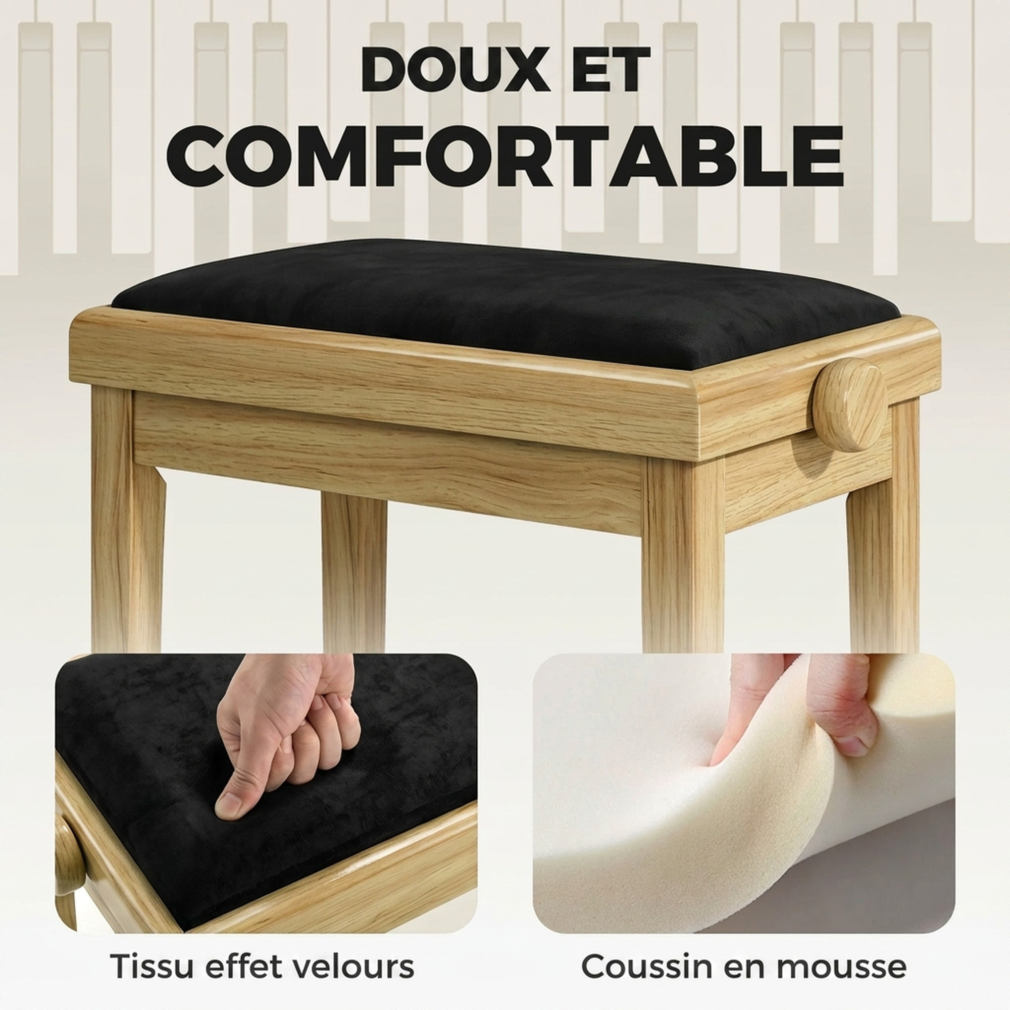 Banc de Piano, Tabouret Réglable en Hauteur 45-56 cm, assise Rembourrée en Velours, Bois Naturel