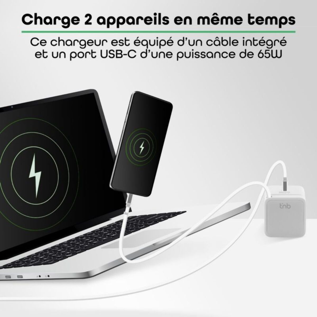 Chargeur + câble TNB GAN USB-C charge rapide + cable 70cm