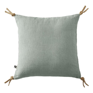 Coussin déhoussable avec pompons "Soline" Lin lavé 45 x 45 cm - Couleur: Soline Eucalyptus