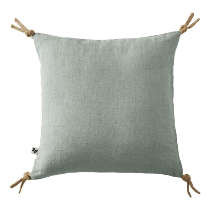Coussin déhoussable avec pompons "Soline" Lin lavé 45 x 45 cm - Couleur: Soline Eucalyptus