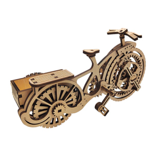 Maqueta de Madera 3D, con movimiento mecánico diseño de Tarjetero Triciclo. 72 piezas.