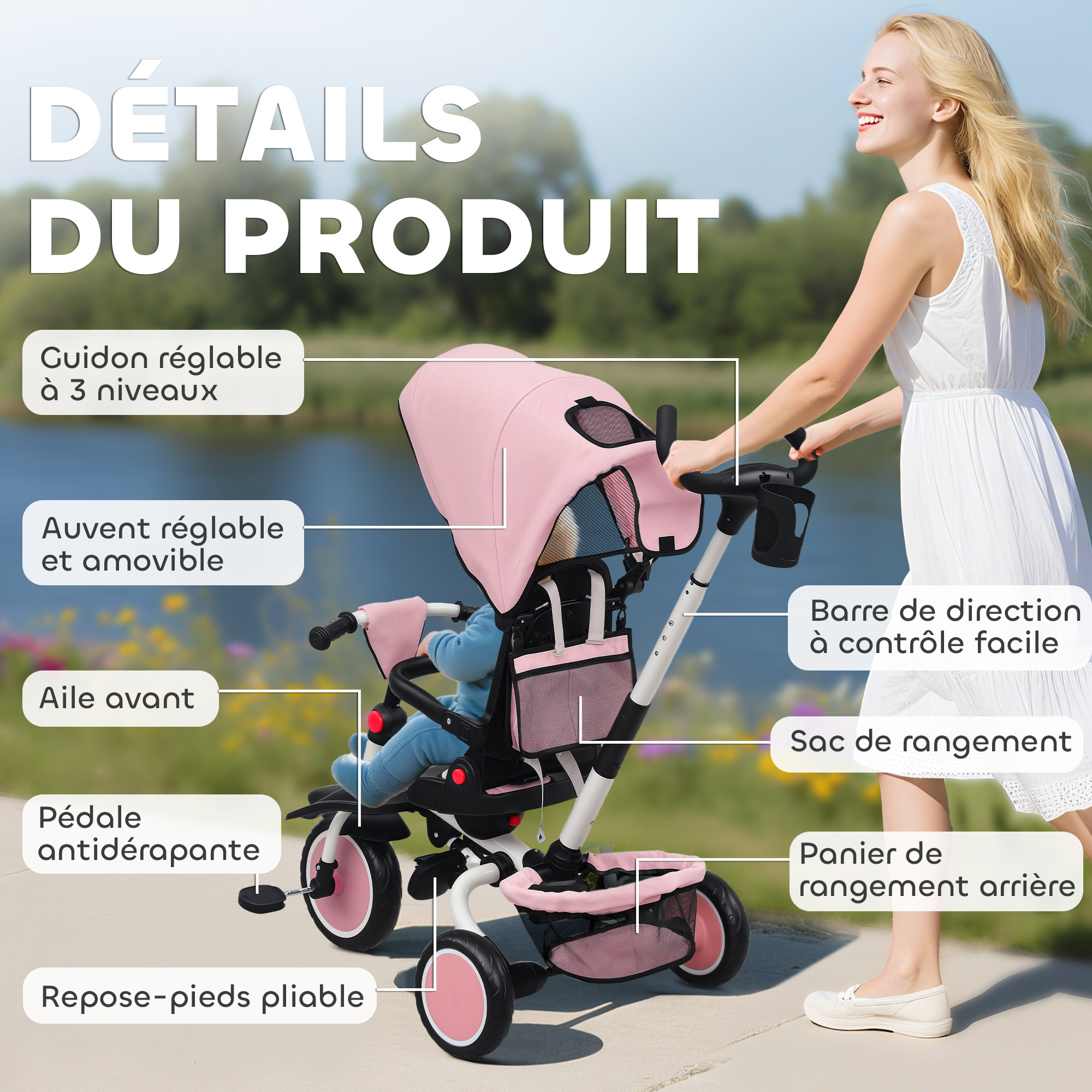 Tricycle évolutif pliable réglable 6 en 1 rose