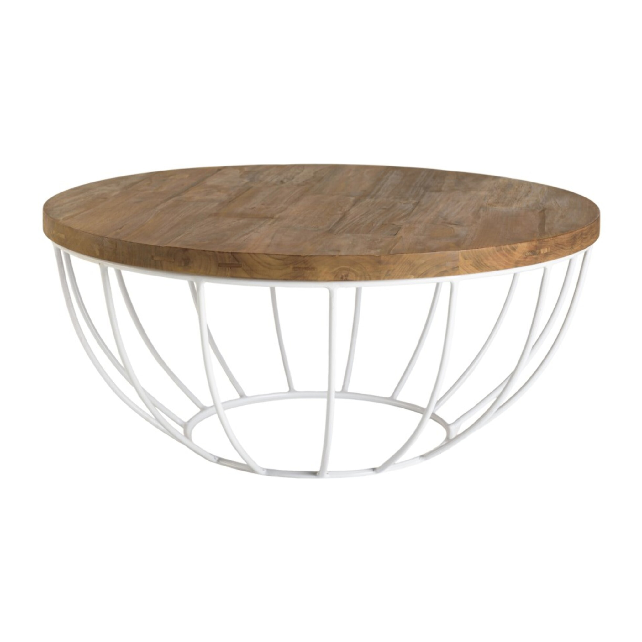 SIXTINE - Table basse coque ronde 80x80cm plateau teck recyclé piétement métal blanc