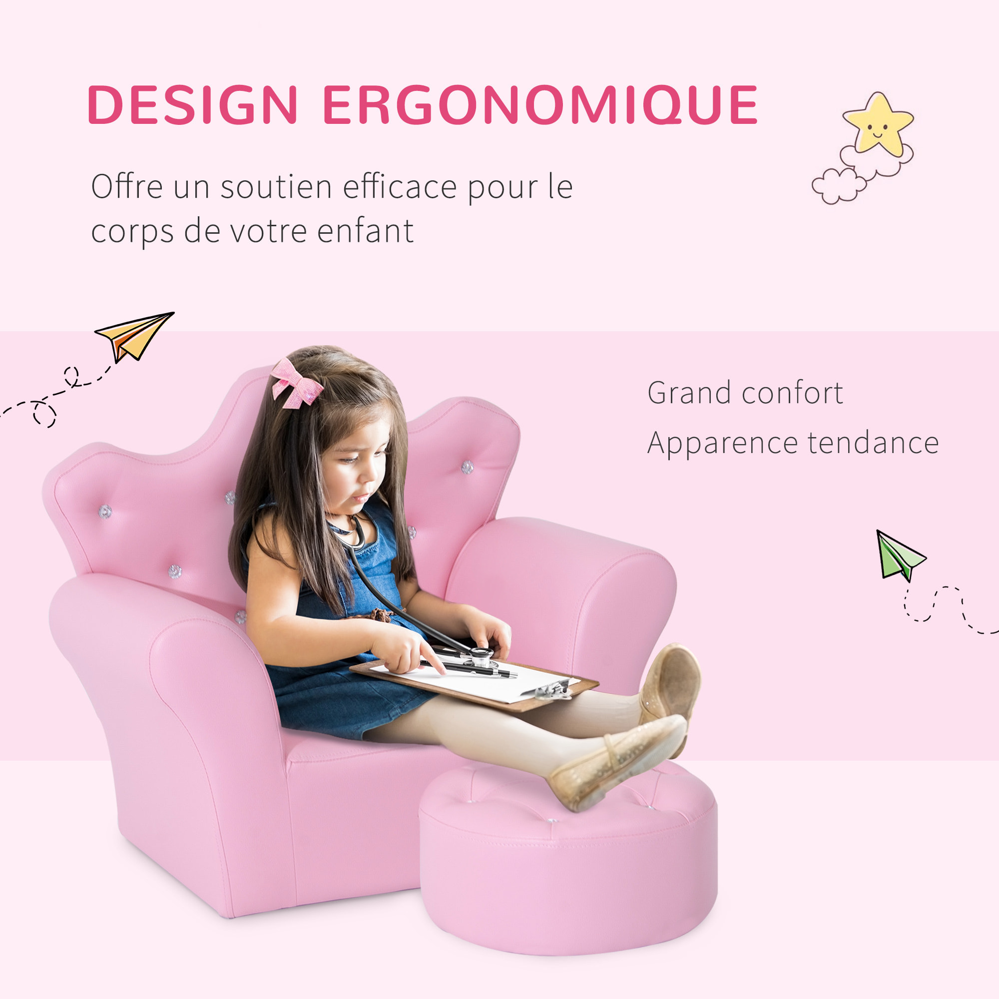 Ensemble fauteuil et pouf enfant design couronne de princesse - dossier et assise pouf avec boutons strass aspect cristaux - structure bois revêtement synthétique PVC rose