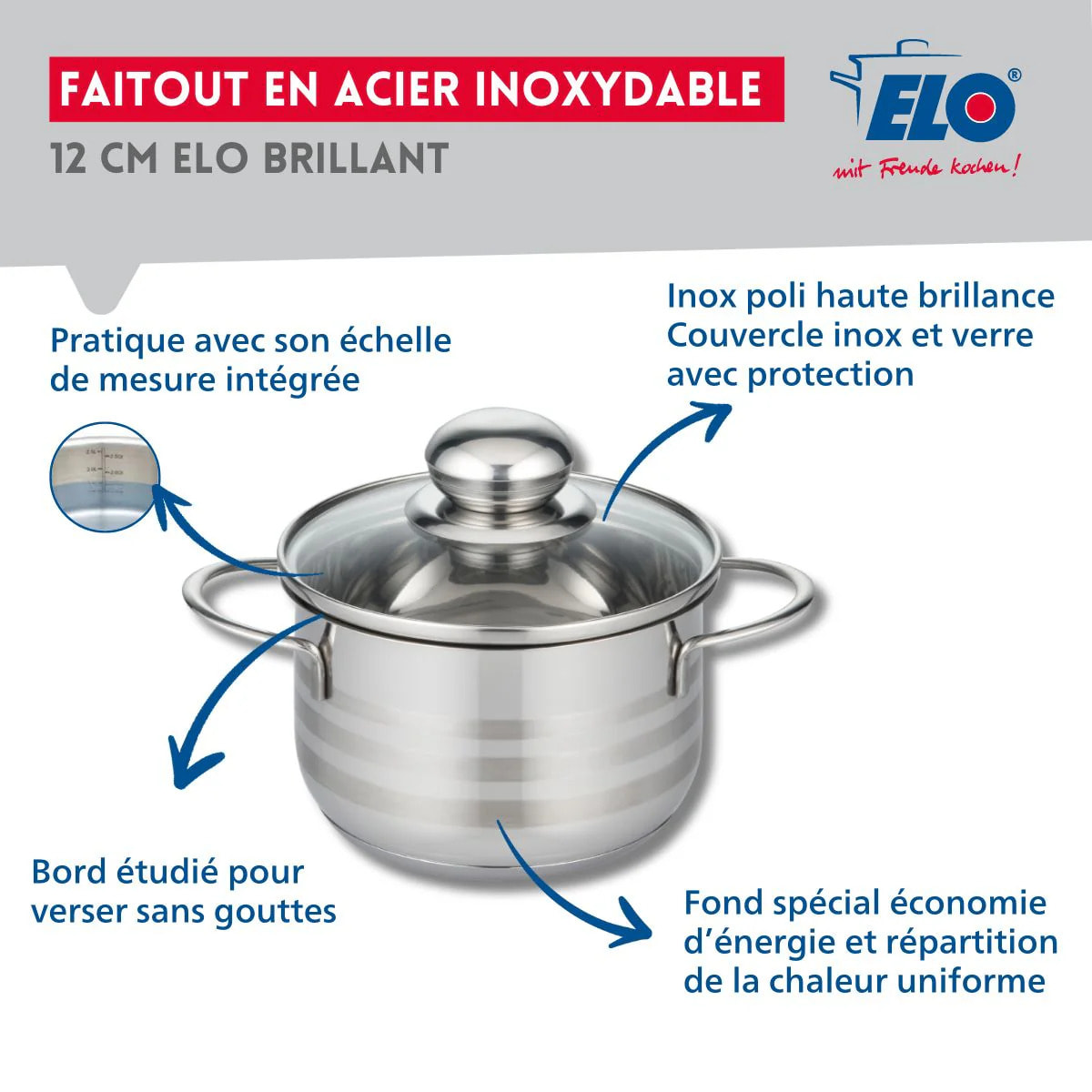 Faitout 12 cm en acier inoxydable sans PFAS Elo Brillant