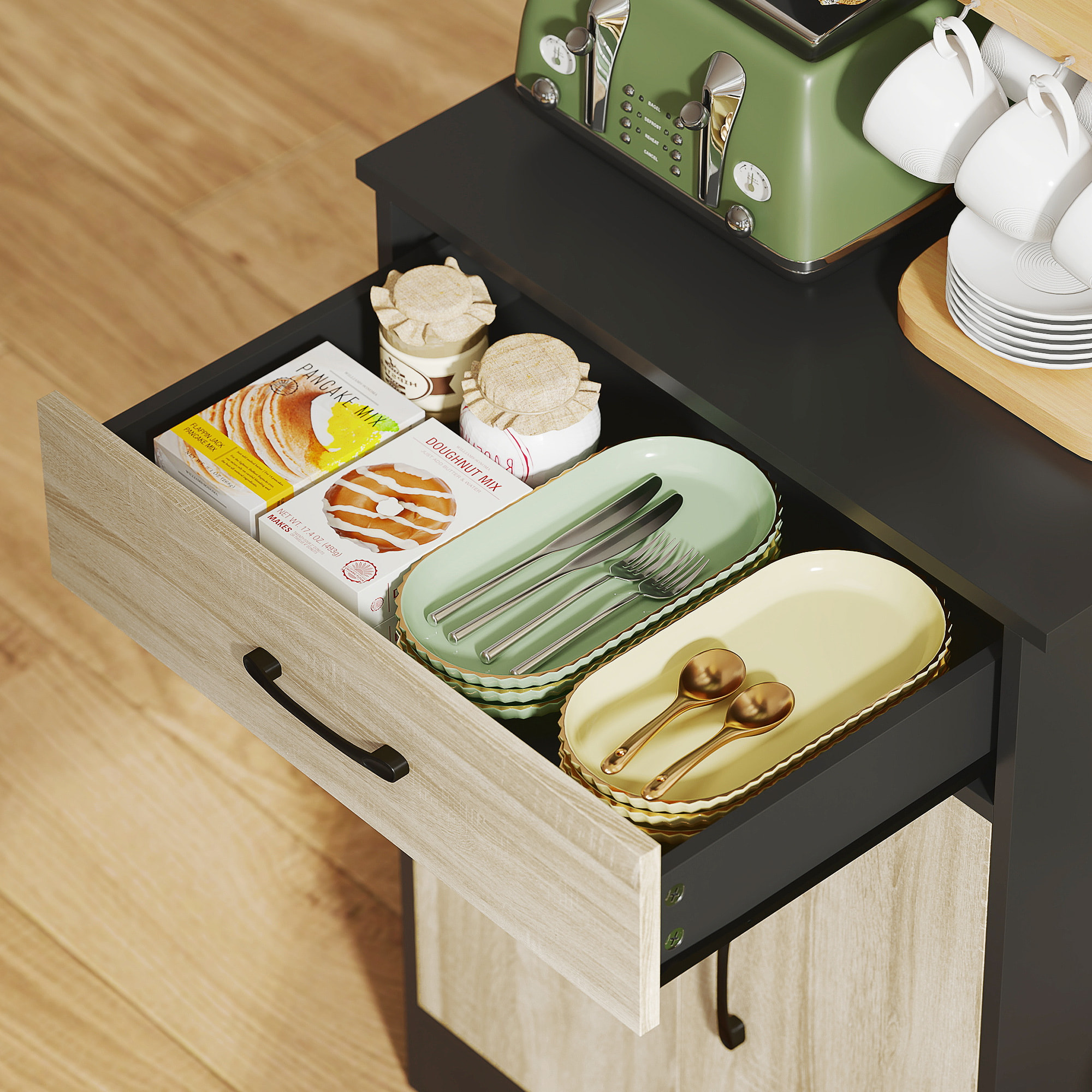 Buffet haut cuisine - 3 portes, 3 étagères, 2 niches plan de travail - dim. 60 x 40 x 180 cm - noir effet bois clair